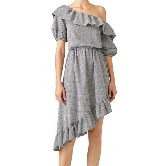 NWT LoveShackFancy Haley One Shoulder Dress, Black/White Gingham Check, Size‎ S - Picture 1 of 13